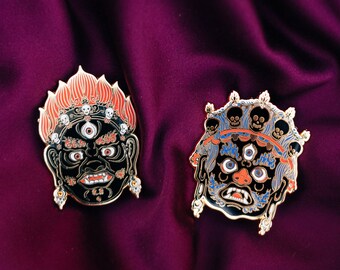 Buddhist Wrathful Deities 2 PIN SET - Asian Art - Traditional Mongolian Tsam Ritual Dance Mask - God of Death and War - Begtse Mask - God