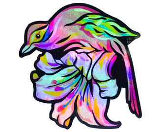 Flower Bird Holographic Vinyl Waterproof STICKER Pink Floral Exotic Colorful Bright Feminine