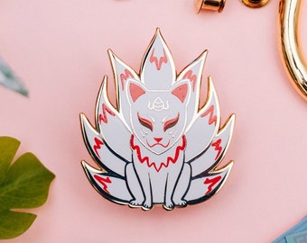 Kyubiko Yokai Pin - Limited Edition Collaboration with Bakezori Books from Japan - Japanese Ghost Spirit Hard Enamel Pin - Nine Tailed Fox