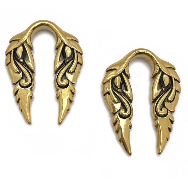 Hangers for Stretched Ears - Gold Decorative Carving - 14mm Thick for Plug Earlobes - Pair of Hangers