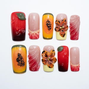 3D Papaya Press On Nails: Tropical Flower, Summer Colors
