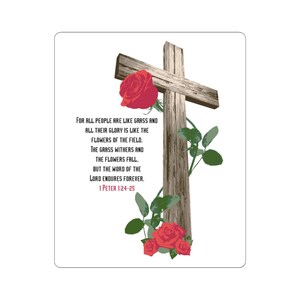 1 Petrus 1:24-25 houten kruis met rode rozen sticker | Tekststicker