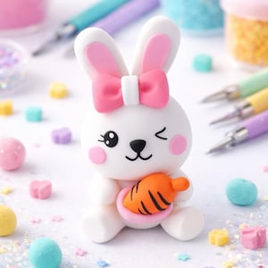 May include: A white bunny figurine with pink accents, a bow, and a carrot. The bunny has a winking eye and is surrounded by colorful decorative elements. The figurine is likely a craft or decorative item.