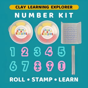 May include: A clay learning explorer number kit with the text "CLAY LEARNING EXPLORER NUMBER KIT". The kit includes number-shaped cutters, two containers of clay, a rolling tool, and a grid sheet. The numbers are in blue and pink.