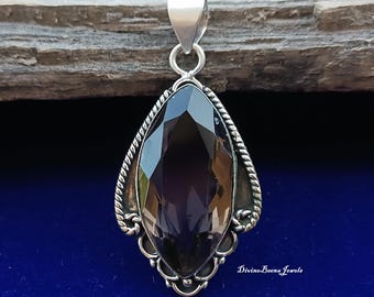 Marquise Smoky Quartz Pendant, Grounding Gemstone, Unique Scrollwork Sterling Silver Necklace, Boho Chic