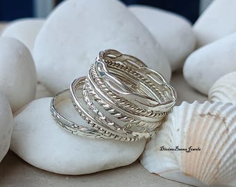 Defined Sterling Silver Stacking Rings Set: Mixed Texture Minimalist Jewelry