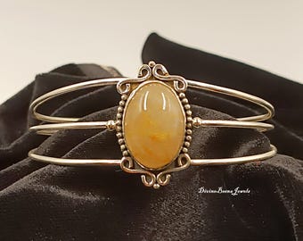 Golden Rutile Bangle Sterling Silver Cuff, Oval Gemstone Stacking Bracelet, Adjustable