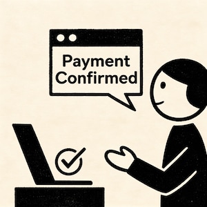May include: Black and white illustration of a person looking at a laptop with a checkmark icon. A speech bubble above the person says "Payment Confirmed". The image has a simple, graphic style.