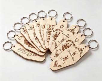 30 personalisierte, gravierte Schlüsselanhänger aus Holz im Motel-Stil, Vintage-Hotel-Schlüsselanhänger mit Text oder Logo