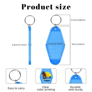 May include: Blue motel-style keychain with glitter, measuring 3.54 inches long, 2.16 inches wide, and 0.15 inches thick. The keychain has a metal ring and the words "Summer Holiday" printed on it. The text "Product size" is at the top.