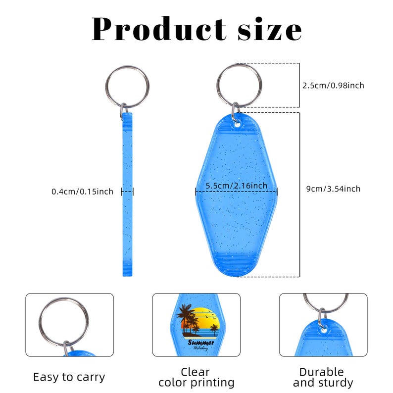 May include: Blue motel-style keychain with glitter, measuring 3.54 inches long, 2.16 inches wide, and 0.15 inches thick. The keychain has a metal ring and the words "Summer Holiday" printed on it. The text "Product size" is at the top.