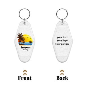 May include: Clear, glittery motel-style keychain with a silver ring. The front features a tropical sunset design with palm trees, a yellow sun, and the text "Summer Holiday." The back has space for custom text, a logo, or a picture.