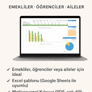 Puede incluir: Un portátil que muestra una hoja de cálculo de planificación presupuestaria con gráficos. La pantalla muestra un gráfico circular y gráficos de barras. El texto en la parte superior dice "Planificador de presupuesto, minimalista y simple".