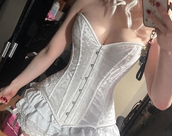 White Velvet Overbust Corset: Steel Boned Waist Trainer women's corset