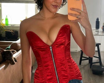 Red Satin Overbust Corset: Steel Boned Waist Trainer Zipper Corset
