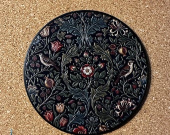 4x Dark Botanical Coaster – Arts and Crafts Bird Pomegranate Relief Decor