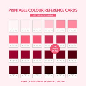 Printable 100 Red Color Swatch Printable, Colour Swatch for Designers & Artists, Pink, RGB, CMYK, HEX Codes, Color Reference Cards Library