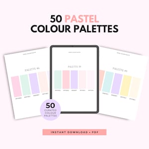 May include: A digital collection of 50 pastel color palettes presented as a PDF. The image displays three white sheets featuring color swatches labeled Palette 46, 39, and 49, with a tablet in the center. Each swatch includes hex codes.