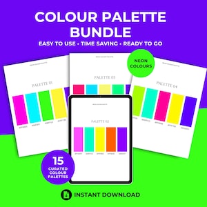 Puede incluir: Imagen de un paquete de paletas de colores digitales con el texto "COLOUR PALETTE BUNDLE". La imagen incluye cuatro paletas de colores, una tableta y un círculo con el texto "15 CURATED COLOUR PALETTES". El fondo es morado y verde.