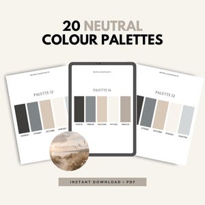 Puede incluir: Una colección digital de 20 paletas de colores neutros presentada en una pantalla de tableta y dos hojas impresas. Cada paleta muestra cinco muestras de color distintas con códigos hexadecimales. Una imagen circular de una escena de playa.