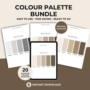 Paquete de 20 paletas de colores neutros seleccionados con códigos hexadecimales, para branding, diseño de interiores, diseño gráfico, RGB, CMYK, PDF, descarga instantánea,