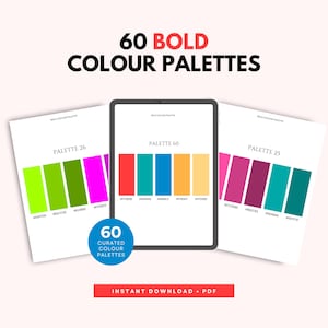 May include: A digital collection titled 60 BOLD COLOUR PALETTES featuring three white pages displayed with a tablet in the center. Each page shows vertical color bars with hex codes. A blue circular badge reads 60 CURATED COLOUR PALETTES.