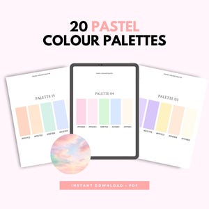May include: A digital display of 20 pastel color palettes featuring three white sheets with color swatches and hex codes, centered by a tablet screen. The text reads 20 PASTEL COLOUR PALETTES, PALETTE 15, PALETTE 04, PALETTE 03, and INSTANT DOWNLOAD PDF.
