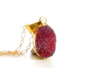 SALE Druzy Necklace - Wine Red - Natural Agate Titanium Druzy Geode Quartz Crystal Rough Cut Rock Drop Nugget Necklace OOAK - SDN07