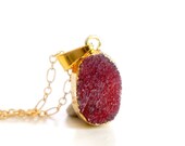 SALE Druzy Necklace - Wine Red - Natural Agate Titanium Druzy Geode Quartz Crystal Rough Cut Rock Drop Nugget Necklace OOAK - SDN07