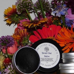 May include: A black salve in a silver tin, with a label that reads "Draw Out Salve" from The Lucky Willow, sits in front of a colorful bouquet of flowers. The salve is 2 oz. and made with farm products.