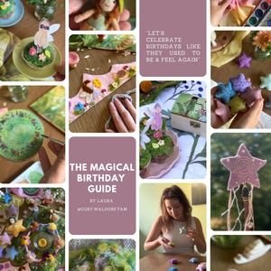 Könnte beinhalten: Eine Collage mit gefilzten Sternornamenten, einer Feenkrone, einer bebilderten Holzschatulle, einem sternförmigen Zauberstab sowie dem Text THE MAGICAL BIRTHDAY GUIDE BY LAURA @COSY WALDORFFAM und LET'S CELEBRATE BIRTHDAYS LIKE THEY USED TO BE & FEEL AGAIN.