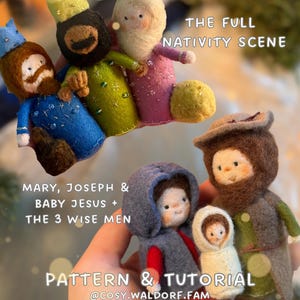 Könnte beinhalten: Eine handgefertigte Krippe aus Filz mit den Heiligen Drei Königen, Maria, Josef und dem Jesuskind. Die Figuren tragen farbenfrohe Gewänder und Kronen. Der Text auf dem Bild lautet "THE FULL NATIVITY SCENE" und "PATTERN & TUTORIAL".