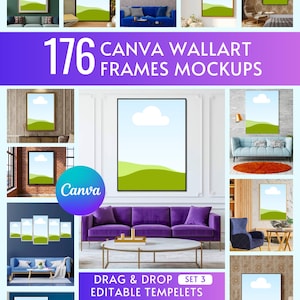 Könnte beinhalten: Werbebild mit 176 Canva-Wandkunst-Rahmen-Mockups. Das Bild zeigt gerahmte Kunstwerke mit Landschaftsdesign, präsentiert in verschiedenen Innenräumen. Text enthält "Canva Wallart Frames Mockups" und "Drag & Drop Editable Tempelets".