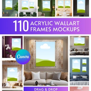 May include: An image promoting 110 acrylic wall art frame mockups. The frames feature landscape art with green hills and a blue sky with clouds. Text includes "110 Acrylic Wallart Frames Mockups" and "Drag & Drop Editable Tempelets".