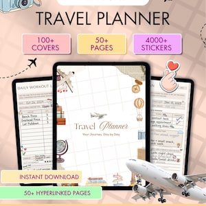 May include: Digital travel planner with a vintage aesthetic. The design includes a camera illustration, airplane graphics, and text that reads "Travel Planner." Features include 100+ covers, 50+ pages, and 4000+ stickers. The planner is designed for GoodNotes, Notability, and Noteshelf.