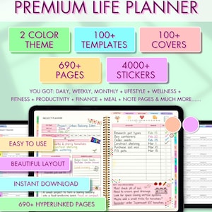 May include: Digital life planner with a premium design. Features include 2 color themes, 100+ templates, 100+ covers, 690+ pages, and 4000+ stickers. Includes daily, weekly, monthly, lifestyle, wellness, fitness, productivity, finance, meal, and note pages.