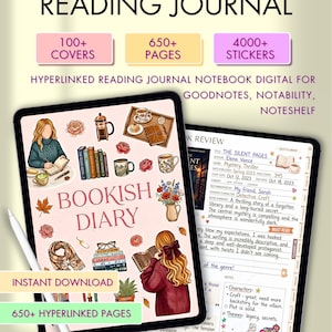 May include: Digital reading journal on a tablet, featuring a "Bookish Diary" design. Includes 100+ covers, 650+ pages, and 4000+ stickers. The journal is designed for GoodNotes, Notability, and Noteshelf. The image also shows a book review page.