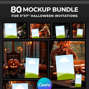 May include: An image showcasing a mockup bundle for 5"x7" Halloween invitations. The image features various Halloween-themed scenes, including pumpkins, scarecrows, and candles. The text "80 MOCKUP BUNDLE" and "FOR 5"X7" HALLOWEEN INVITATIONS" are displayed at the top.
