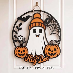 Halloween spook deurhanger SVG, Hey Boo deurbordje, pompoen Halloween, Glowforge lasersnijbestand, Cricut SVG DXF, herfst Halloween decoratie