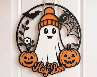 Halloween Ghost Door Hanger Svg, Hey Boo Door Sign, Pumpkin Halloween, Glow forge Laser Cut File, Cricut Svg Dxf, Fall Halloween Decoration