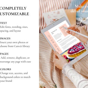 K&ouml;nnte beinhalten: Ein digitales Tablet mit einer Rezeptvorlage mit einem Beerenkuchen. Der Bildschirm zeigt Text und Bilder, mit den Worten "VOLLST&Auml;NDIG ANPASSBAR" oben. Der Text enth&auml;lt Optionen zum Bearbeiten von Text, Bildern, Seiten und Farben.