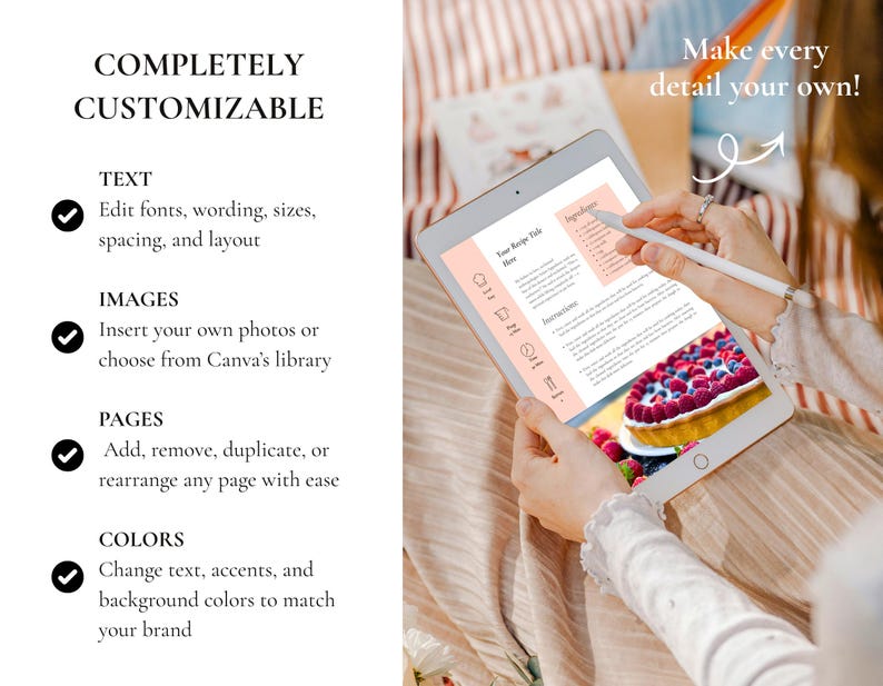 K&ouml;nnte beinhalten: Ein digitales Tablet mit einer Rezeptvorlage mit einem Beerenkuchen. Der Bildschirm zeigt Text und Bilder, mit den Worten "VOLLST&Auml;NDIG ANPASSBAR" oben. Der Text enth&auml;lt Optionen zum Bearbeiten von Text, Bildern, Seiten und Farben.