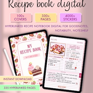 May include: Digital recipe book with the text "Recipe book digital" and "All in One". The cover features "My Recipe Book" with sweets and desserts. Includes 100+ covers, 330+ pages, and 4000+ stickers. Instant download.