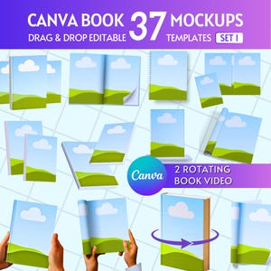 Buch Mockup Vorlagen für Canva: Taschenbuch und Hardcover, 2 Rotierende Buch Mockup Videos, Buch Mockups, ziehen & los, digitaler Download