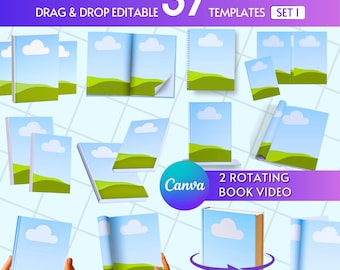 Modelli di mockup di libri per Canva: copertina flessibile e rigida, 2 video di mockup di libri rotanti, mockup di libri, trascinamento della selezione, download digitale