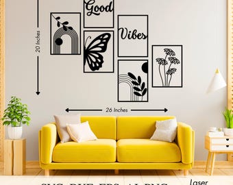 Gallery Wall Art Svg, Butterfly Laser Cut File, Good Vibes Sign, Boho 5 Piece Wall Decor Bundle, Rainbow Arch Floral SVG DXF PNG Download