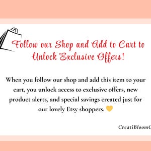 K&ouml;nnte beinhalten: Wei&szlig;er Hintergrund mit schwarzem und rotem Text, darunter "Follow our Shop and Add to Cart to Unlock Exclusive Offers!" und Informationen zu exklusiven Angeboten f&uuml;r Etsy-K&auml;ufer. Eine Einkaufstaschen-Grafik befindet sich oben links.