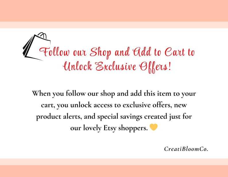 K&ouml;nnte beinhalten: Wei&szlig;er Hintergrund mit schwarzem und rotem Text, darunter "Follow our Shop and Add to Cart to Unlock Exclusive Offers!" und Informationen zu exklusiven Angeboten f&uuml;r Etsy-K&auml;ufer. Eine Einkaufstaschen-Grafik befindet sich oben links.