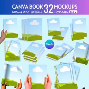 May include: A collection of book mockups with a blue sky and cloud design. The image includes various arrangements of books, notebooks, and open books. The text at the top reads "CANVA BOOK 32 MOCKUPS" and "DRAG & DROP EDITABLE TEMPLATES SET 2". The Canva logo is also visible.
