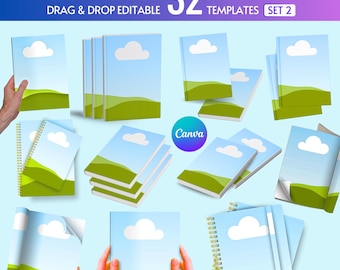 Set di modelli di mockup di libri Canva, trascina e rilascia, copertina flessibile e rigida (download digitale)